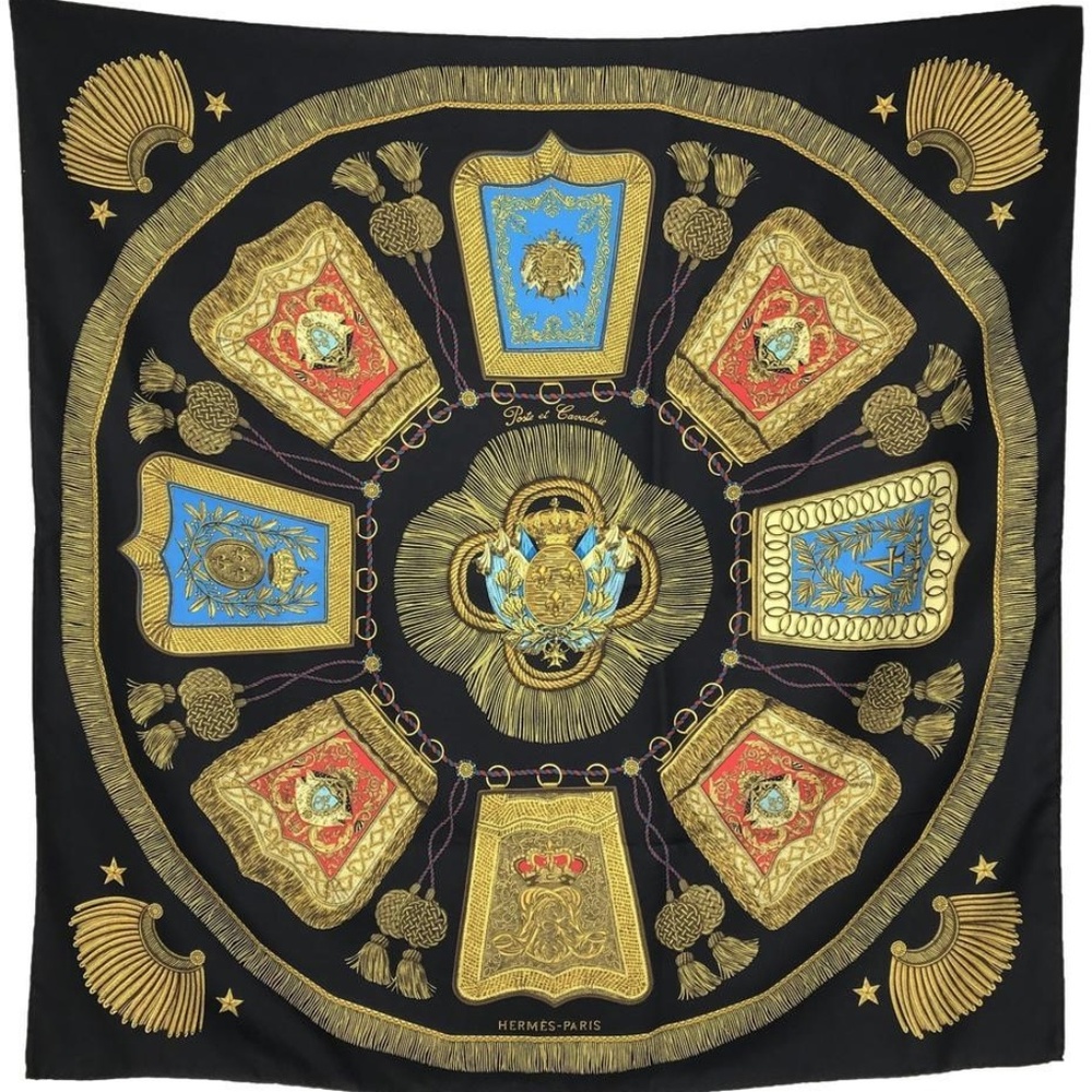HERMES Scarf 100% Silk "Poste et Caralerie" Black